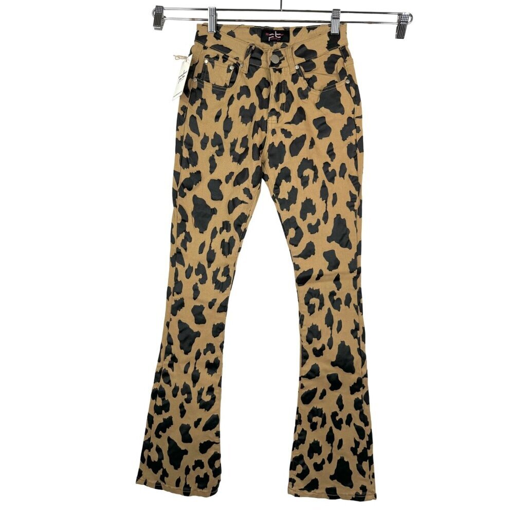 Fallon Taylor Leopard Print 90s Super flare pants tan black western retro sz 26‎